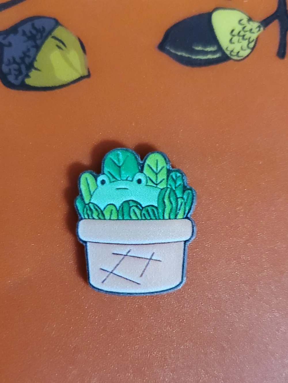 Cute Frog-in-Plant Acrylic Pin - Green & Tan